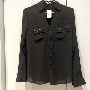 Express The Portofino Shirt Sheer Black Top With Two Gold Studded Pockets